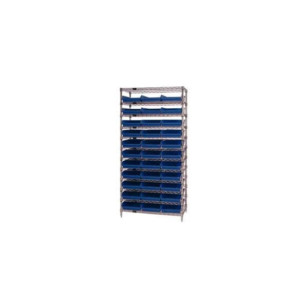 Global Equipment Chrome Wire Shelving with 33 4"H Plastic Shelf Bins Blue, 36x24x74 268979BL - main